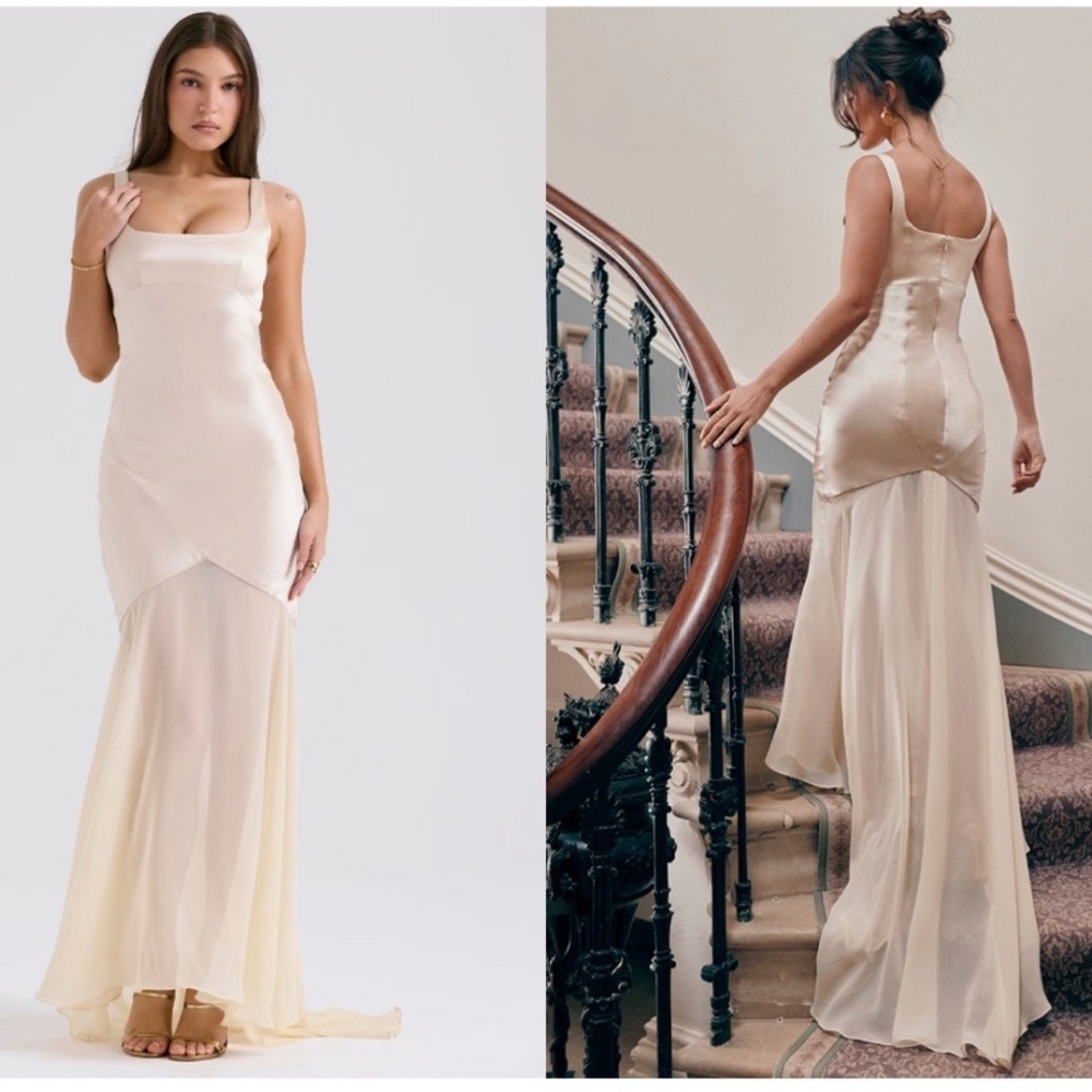 NWOT HOUSE OF CB 'Vittoria' Champagne Chiffon Floor Length Gown sz L - Picture 3 of 11